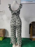 Green Ruffle Trim Floral Print Belted Jumpsuit