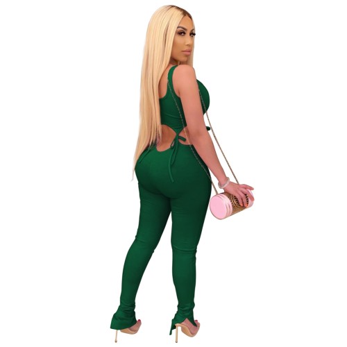 Green Sleeveless Cut Out Strings Tight  Jumpsuit