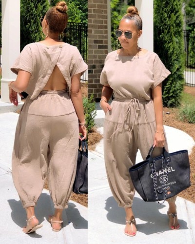 Beige Drawstring  Jumpsuit with Cut Out Back