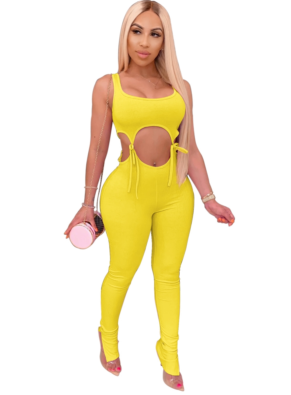 Yellow Sleeveless Cut Out Strings Bodycon Jumpsuit US$ 7.41 -  www.lover-pretty.com
