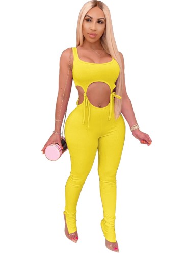 Yellow Sleeveless Cut Out Strings Bodycon Jumpsuit