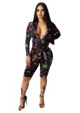 Cut Out Print Mock Neck Long Sleeve Bodycon Rompers