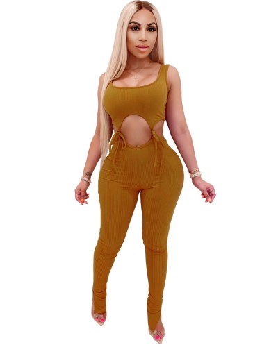 Brown Sleeveless Cut Out Strings Bodycon Jumpsuit