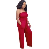 Red Shirred Strapless Loose Jumpsuit