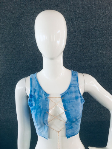 Tie Dye Blue Metal Chain Sexy Club Crop Top