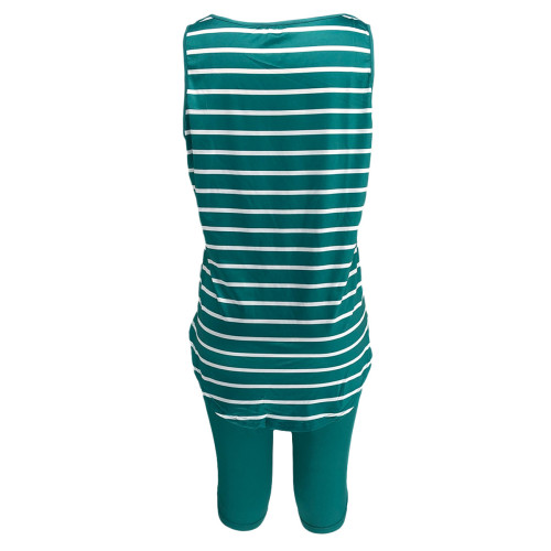 Plus Striped Green Tank Top & Solid Shorts Set