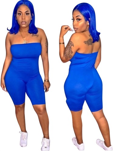 Blue Strapless Plain Bodycon Rompers