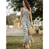 Green Ruffle Trim Floral Print Belted Jumpsuit
