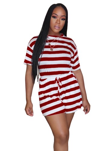Red and White Stripes Drawstring Rompers