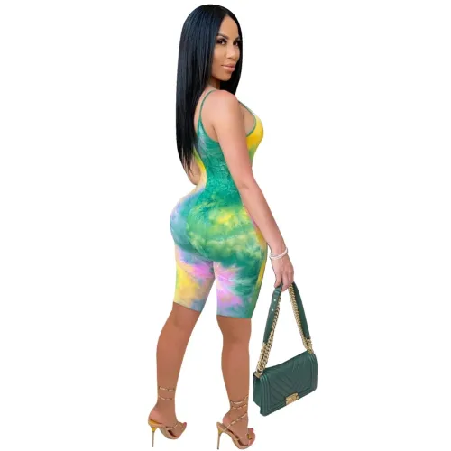 Tie Dye Green Straps Sleeveless Bodycon Rompers