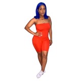 Orange Strapless Plain Fitted Rompers