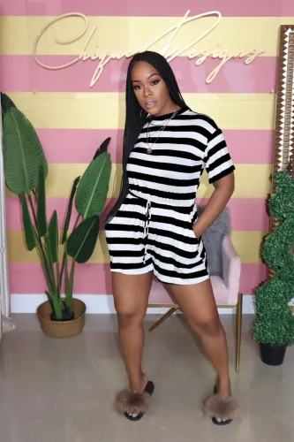 Black and White Stripes Drawstring Rompers