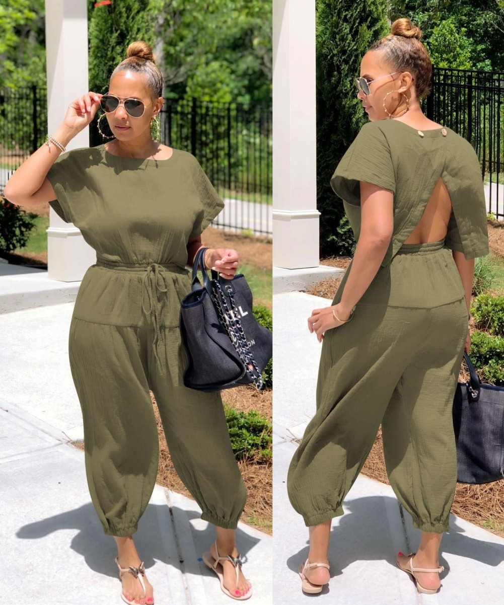 Army Green Drawstring Cut Out Back Jumpsuit US$ 9.19 - www.lover-pretty.com