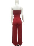 Red Shirred Strapless Loose Jumpsuit