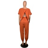 Orange Drawstring  Jumpsuit with Cut Out Back
