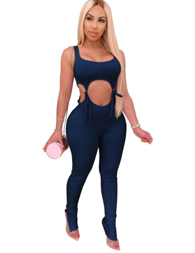 Navy Sleeveless Cut Out Strings Fitted Jumpsuit