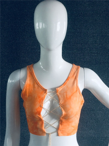 Tie Dye Orange Metal Chain Sexy Club Crop Top