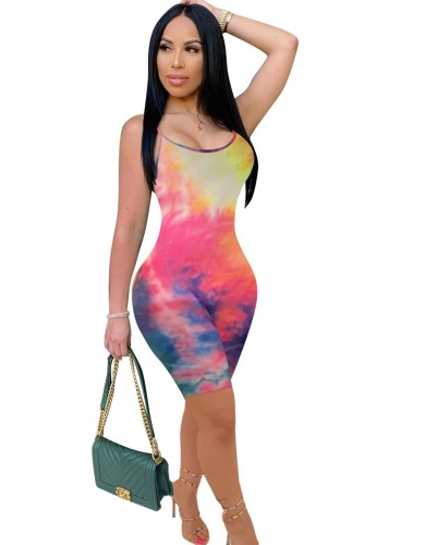 Tie Dye Hot Pink Straps Sleeveless Bodycon Rompers