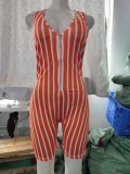 Orange & White Striped Sleeveless Bodycon Zipper Rompers