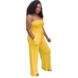 Yellow Shirred Strapless Loose Jumpsuit