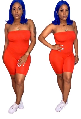 Orange Strapless Plain Fitted Rompers