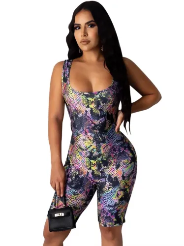 Snake Print Navy Criss-Cross Bodycon Rompers