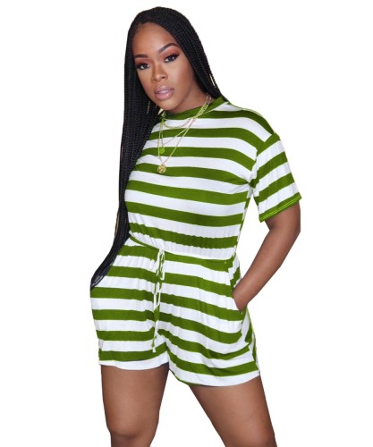 Green and White Stripes Drawstring Rompers
