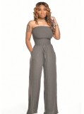 Gray Strapless Shirred Pocket Loose Jumpsuit