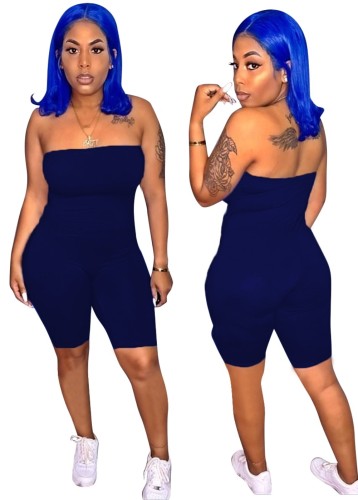Navy Blue Strapless Plain Bodycon Rompers