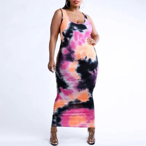 Plus Size Tie Dye Pink Hollow Out Sleeveless Maxi Dress