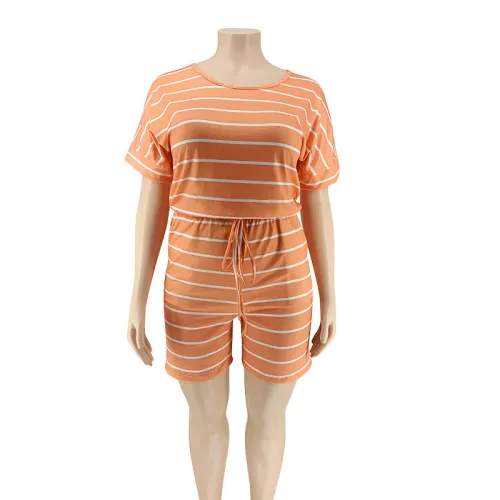 Plus Size Orange Striped Casual Romper