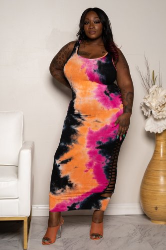 Plus Size Tie Dye Hot Pink Hollow Out Sleeveless Maxi Dress