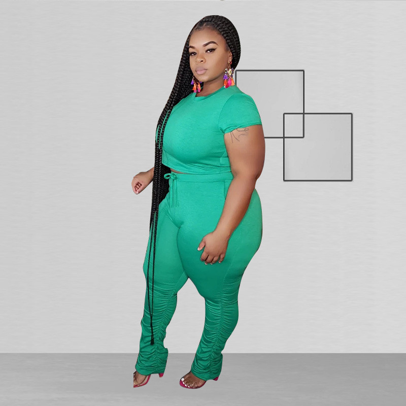 Plus Size Green Two Piece Ruched Pants Set US$ 9.19 - www.lover-pretty.com