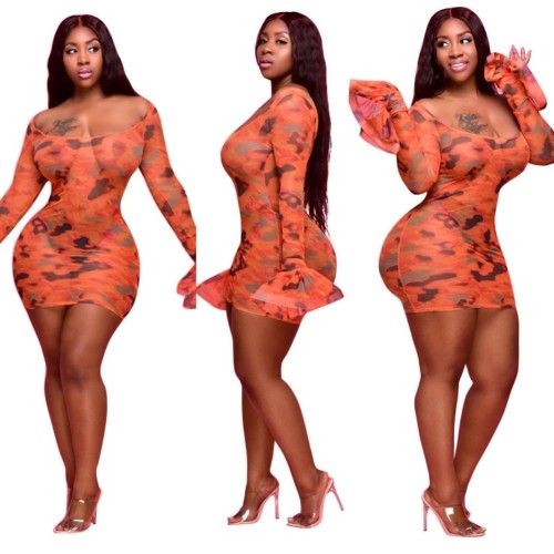 Plus Size Print Orange Sexy Through Bodycon Dress