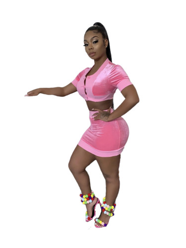 Pink Button Crop Top and Mini Skirt Set