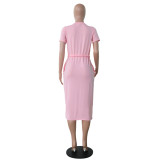 Plus Letter Print Pink Drawstring Casual Midi Dress