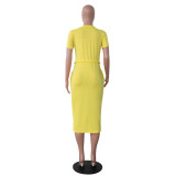 Plus Letter Print Yellow Drawstring Casual Midi Dress