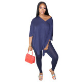 Blue V Neck Irregular Hem Two Piece Pants Set