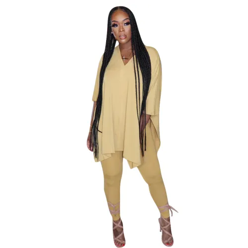 Yellow V Neck Irregular Hem Two Piece Pants Set