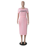 Plus Letter Print Pink Drawstring Casual Midi Dress