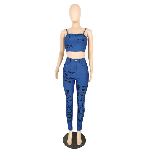 Print Blue Cami Top and Pants Set