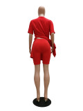Red Solid Loose Slit Top & Tight Shorts Set