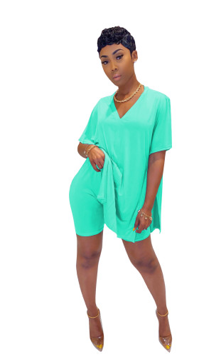 Water Blue Solid Loose Slit Top & Tight Shorts Set