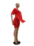 Red Solid Loose Slit Top & Tight Shorts Set