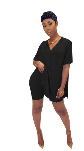 Black Solid Loose Slit Top & Tight Shorts Set