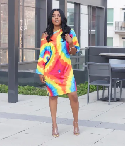 Print Rainbow Drop Shoulder Casual Dress
