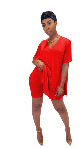 Red Solid Loose Slit Top & Tight Shorts Set