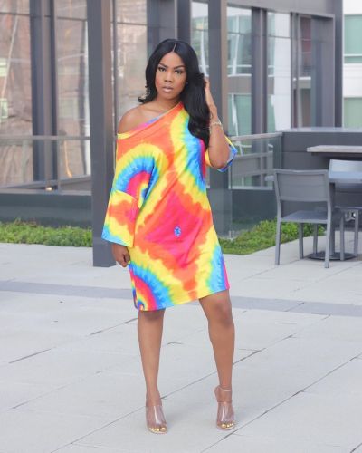 Print Rainbow Drop Shoulder Casual Dress