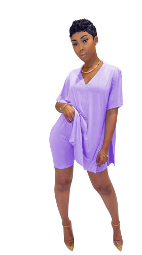 Lilac Solid Loose Slit Top & Tight Shorts Set