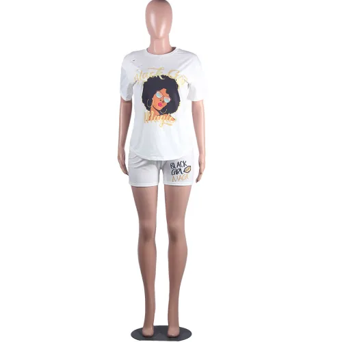 Ripped Character Print White Two Piece Shorts Set